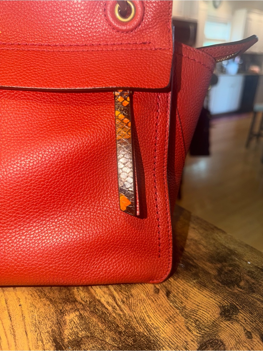 Henri Bendel Orange-Red Pebbled Leather Shoulder Bag with Snakeskin Accent - Picture 3 of 12